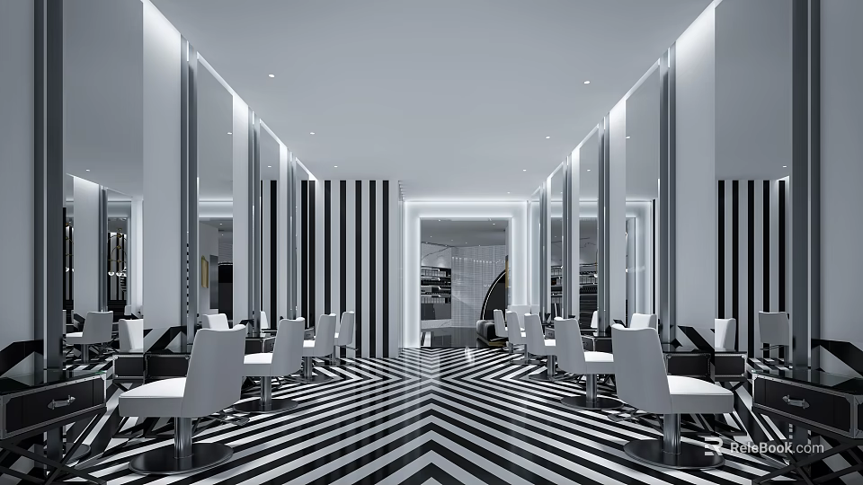 Modern Beauty Salon Interior With Black White Stripes Mirrors Chairs And Chevron Floor 3d model 