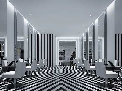 Modern Beauty Salon Interior With Black White Stripes Mirrors Chairs And Chevron Floor 3d model
