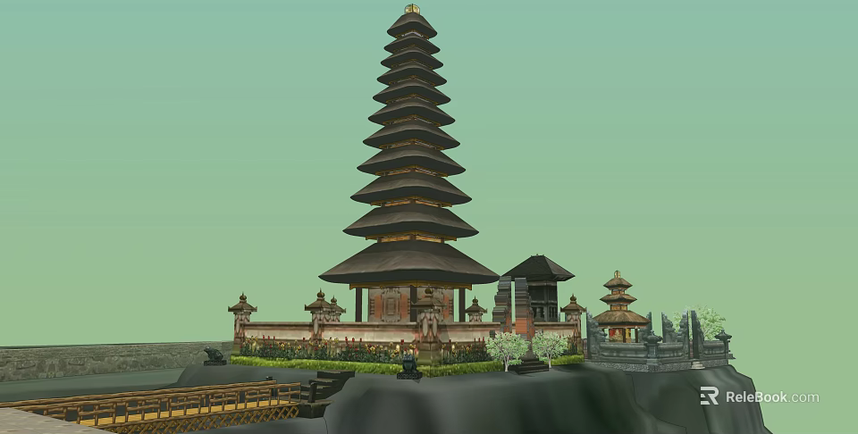 Classic Ancient Pagoda With Multi tiered Roofs Surrounding Pavilions And Garden Landscaping 3d model 