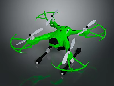 Green Quadcopter Drone With Four Propellers Protective Frames And Black Landing Gear 3d model