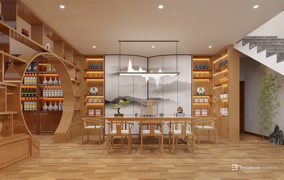 Wooden Tobacco and Liquor Store Interior with Wines Beverages Shelves Tables Seating and Decorative Painting 3d model 