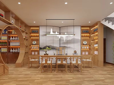 Wooden Tobacco and Liquor Store Interior with Wines Beverages Shelves Tables Seating and Decorative Painting 3d model