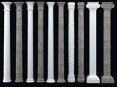 Various Architectural Columns Featuring Classical Modern Designs Different Materials And Textured Finishes 3d model