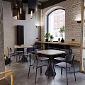 Cozy Restaurant Interior With Christmas Tree Long Wooden Table Sofa Seats And Chairs