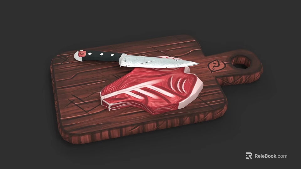 Essential Kitchen Utensils Wooden Cutting Board With Sharp Knife And Raw Meat 3d model 