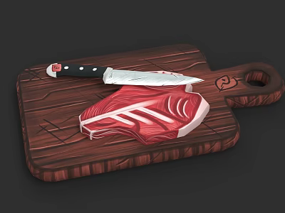 Essential Kitchen Utensils Wooden Cutting Board With Sharp Knife And Raw Meat 3d model