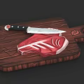Essential Kitchen Utensils Wooden Cutting Board With Sharp Knife And Raw Meat