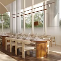 Modern Restaurant Interior with Open Layout Wooden Dining Tables Natural Light and Large Windows