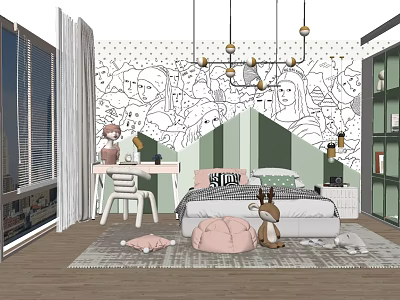 Playful Kids Room Interior With Black White Cartoon Wallpaper Chandelier And Stuffed Toys 3d model