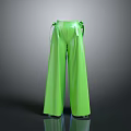 Green Wide Leg Pants With Ribbon Straps And Sleek Shiny Material Design