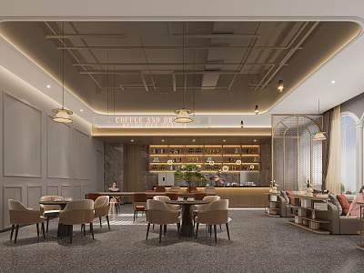 Modern Café Interior With Cozy Seating Warm Lighting Wooden Counter And Decorative Plants 3d model