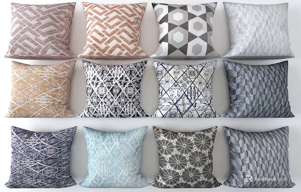 Decorative Throw Pillows With Various Geometric And Floral Patterns In Multiple Colors 3d model