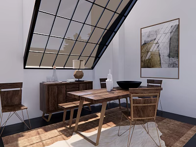 Wooden Dining Table Set With Chairs Skylight Window Wall Art And Rug 3d model