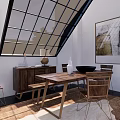 Wooden Dining Table Set With Chairs Skylight Window Wall Art And Rug