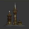 Fantasy Towers Model With Spires Circular Base Wooden Structures And Illuminated Windows