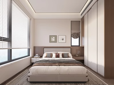 Modern Bedroom Interior Design With Beige Bed Wall Art Blinds And Built In Cabinets 3d model