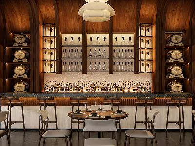 Elegant Wooden Bar Interior With Shelves Bar Counter Pendant Lights And Seating 3d model