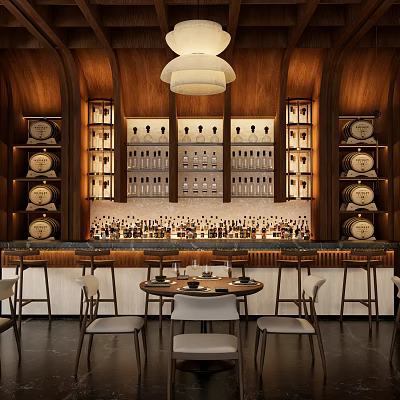 Elegant Wooden Bar Interior With Shelves Bar Counter Pendant Lights And Seating 3d model