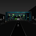 Modern Vehicle Showroom With Blue Large Screens White Cube Lights And Floor Arrows