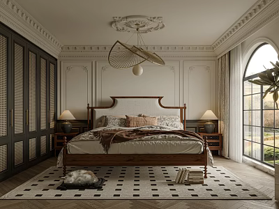 Elegant Bedroom Interior With Wooden Bed Blanket Pillows Arched Window And Geometric Rug 3d model
