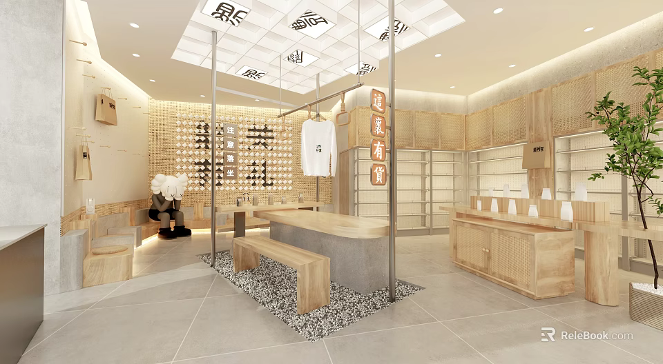 Elegant Modern Clothing Store Interior With Wooden Shelves Hanging Clothes And Bench 3d model 
