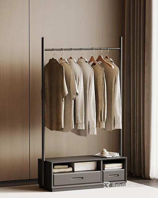 Metal Clothes Hanger with Light Beige Shirts and Tops in Wooden Room 3d model 