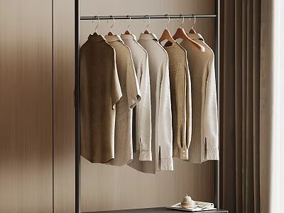 Metal Clothes Hanger with Light Beige Shirts and Tops in Wooden Room 3d model
