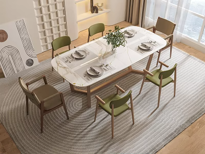 Modern Dining Table Set With Marble Top Green Chairs Tableware And Green Plant On Rug 3d model