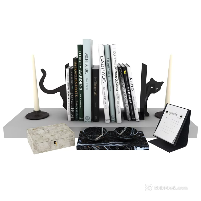 Elegant Decorative Ornament Set With Books Cat Figurines Candles Box Black Bowls And Calendar 3d model 