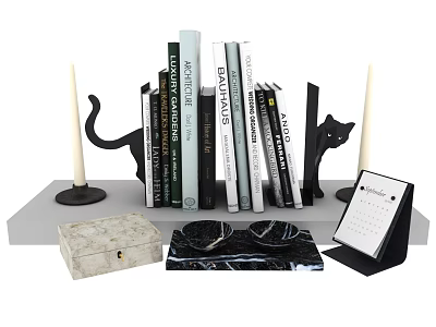 Elegant Decorative Ornament Set With Books Cat Figurines Candles Box Black Bowls And Calendar 3d model
