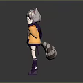 Cartoon Style Game And Movie Character With Gray Fur Raccoon Tail Purple Ears And Waving Hand