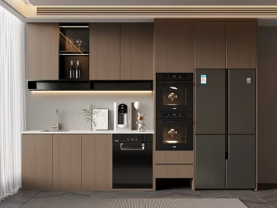 Modern Kitchen Interior With Built in Wine Cabinet And Wooden Cabinets 3d model