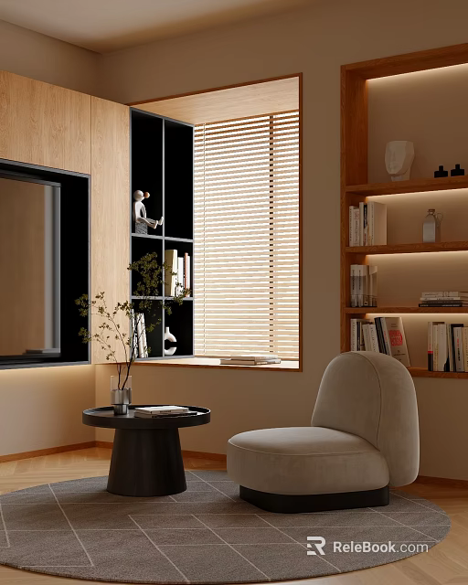 Beige Accent Chair In Modern Living Room With Black Round Side Table And Potted Plant 3d model 