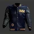 Stylish Dark Blue Jacket With Yellow IMM Lettering Leather Sleeves And Striped Trim