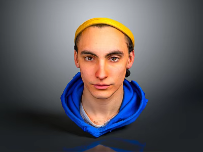 Portrait of a Man Wearing Yellow Headband and Blue Hoodie Against Gray Background 3d model