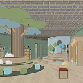 Cheerful Kindergarten Interior Space With Tree Shaped Decor Bookshelves Round Seats And Wooden Steps