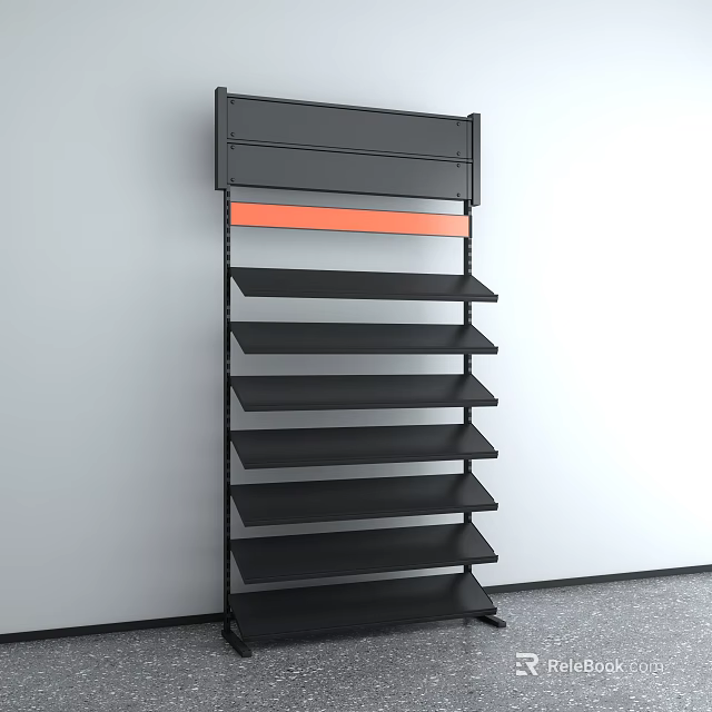 Black Wall Mounted Display Shelf Featuring Multiple Tiered Shelves and Orange Accent Strip 3d model 
