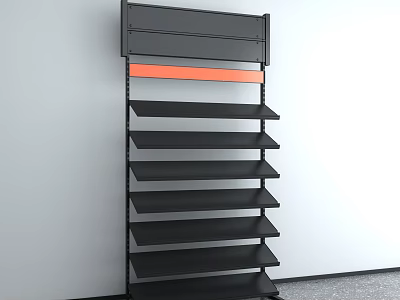 Black Wall Mounted Display Shelf Featuring Multiple Tiered Shelves and Orange Accent Strip 3d model