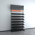 Black Wall Mounted Display Shelf Featuring Multiple Tiered Shelves and Orange Accent Strip