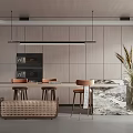 Modern Restaurant Interior With Long Wooden Table Brown Bar Stools Woven Basket And Pendant Lights