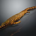 Realistic Striped Reptile 3D Model With Long Tail Open Mouth Brown Yellow Color Dark Background