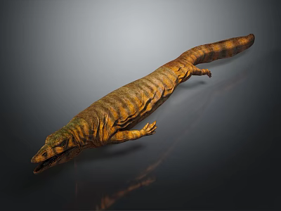 Realistic Striped Reptile 3D Model With Long Tail Open Mouth Brown Yellow Color Dark Background 3d model