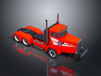 Red Semi Truck with Modern Cab Design Shiny Wheels and Reflection on Dark Surface 3d model