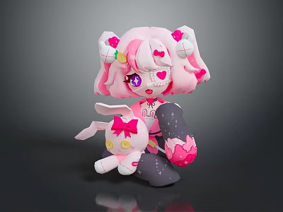 Cute Game Movie Character Featuring Pink Hair Heart Eyes Holding Rabbit Doll With Pink Bow 3d model
