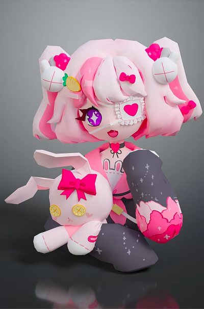 Cute Game Movie Character Featuring Pink Hair Heart Eyes Holding Rabbit Doll With Pink Bow 3d model