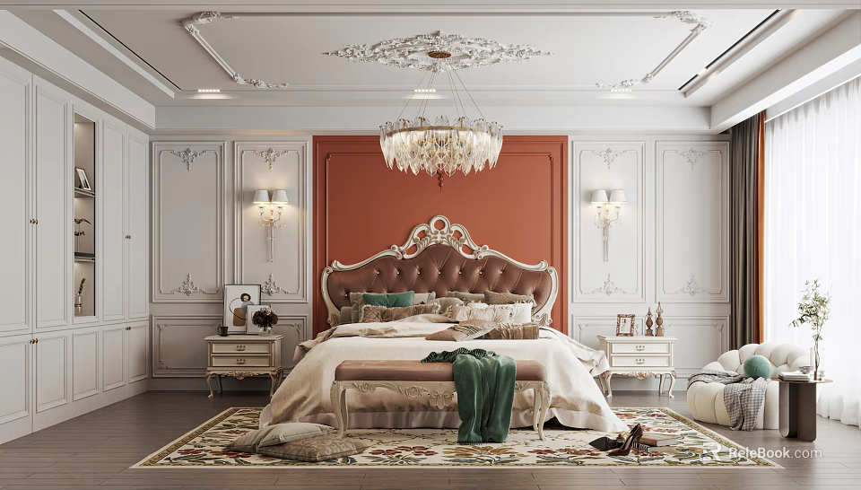 Luxurious Bedroom Interior With Red Accent Wall White Paneled Walls Crystal Chandelier And Tufted Headboard 3d model 