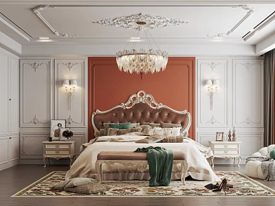 Luxurious Bedroom Interior With Red Accent Wall White Paneled Walls Crystal Chandelier And Tufted Headboard 3d model