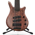 Two Stylish Electric Bass Guitars With Light Dark Wood Grain Curved Body Design And Strings
