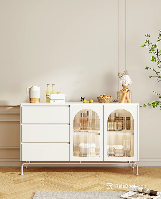 Stylish White Sideboard With Drawers Glass Doors And Decorative Fruits Kettle Green Plant 3d model 