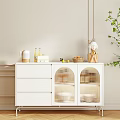 Stylish White Sideboard With Drawers Glass Doors And Decorative Fruits Kettle Green Plant